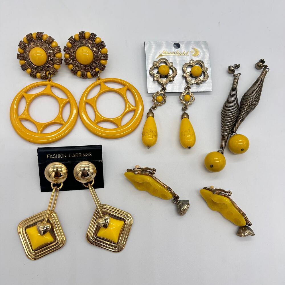 Vintage Yellow Earrings Lot Bundle Big Bold Statement 80's 90's Kitsch Jewelry
